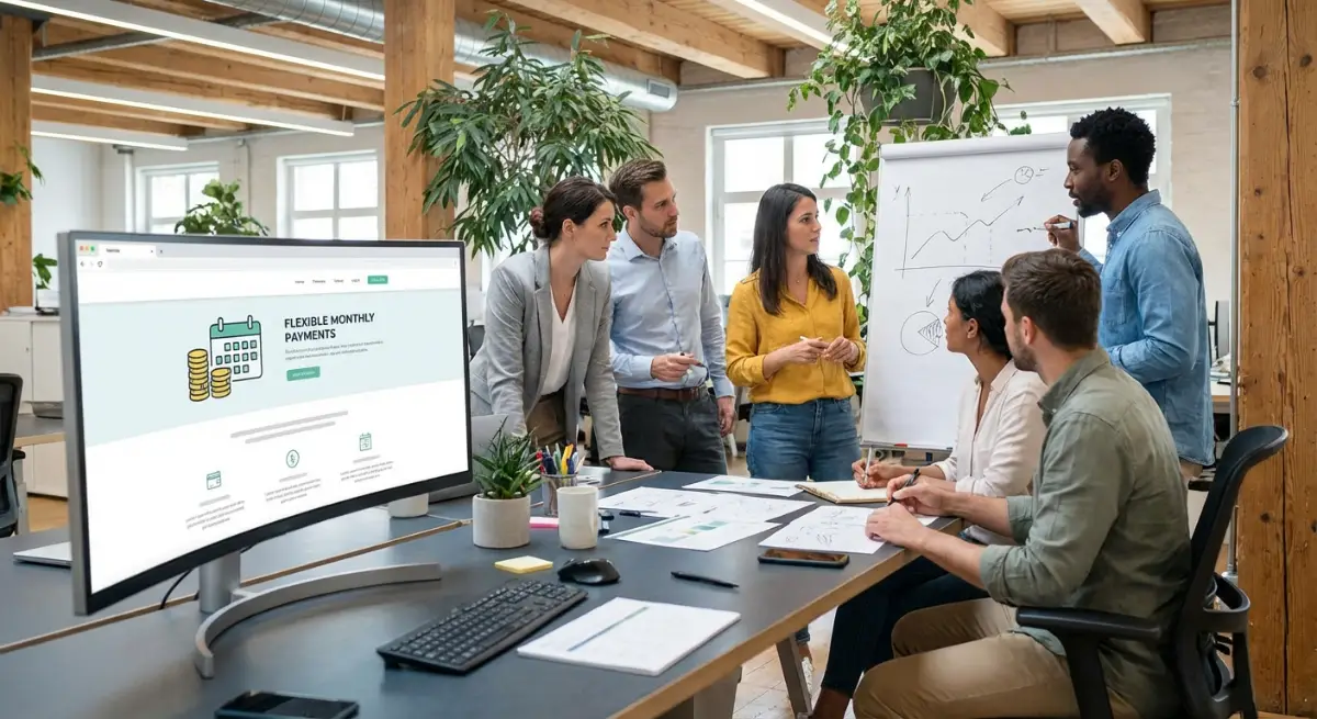 Modern office setup with a diverse team collaborating on web design, a screen displaying a clean web