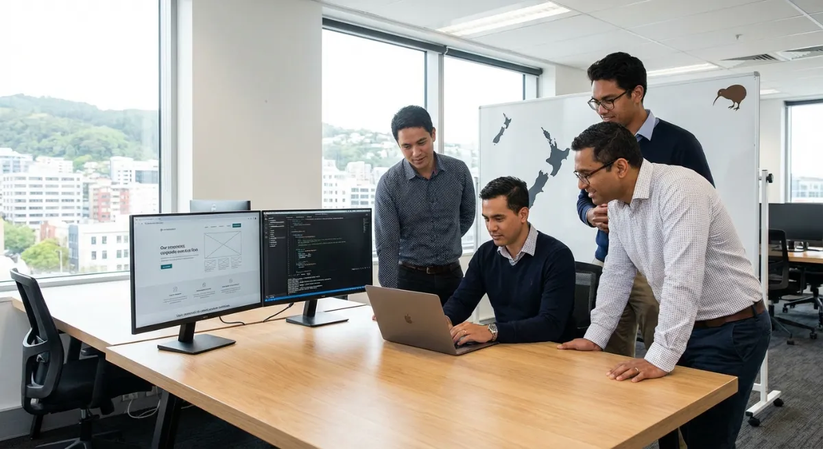 A modern, clean office environment with a team of web developers collaborating on a laptop, showing 