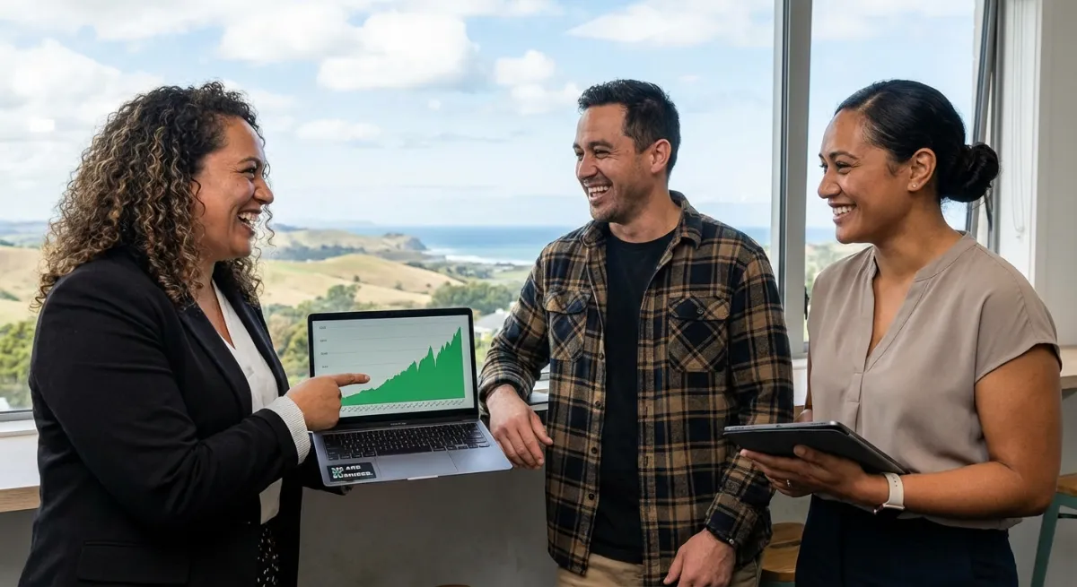 An engaging image showing a diverse group of New Zealand business owners, perhaps a startup founder,